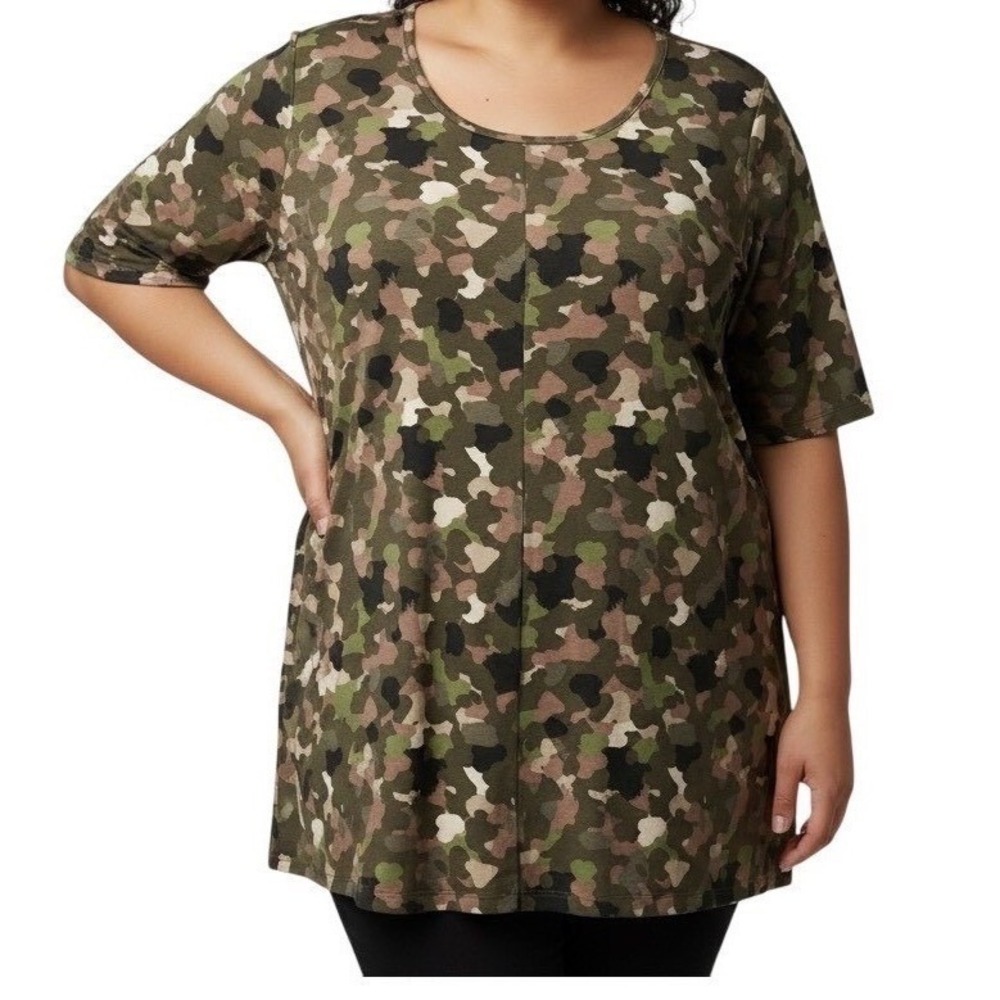 Denim & Co Womens 1X Camo Print Short Sleeve Scoop Neck Tunic Top Green Brown